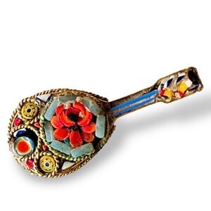 Italian Vintage Micro Mosaic Pin Victorian Mandolin Guitara Brooch Flowers Italy